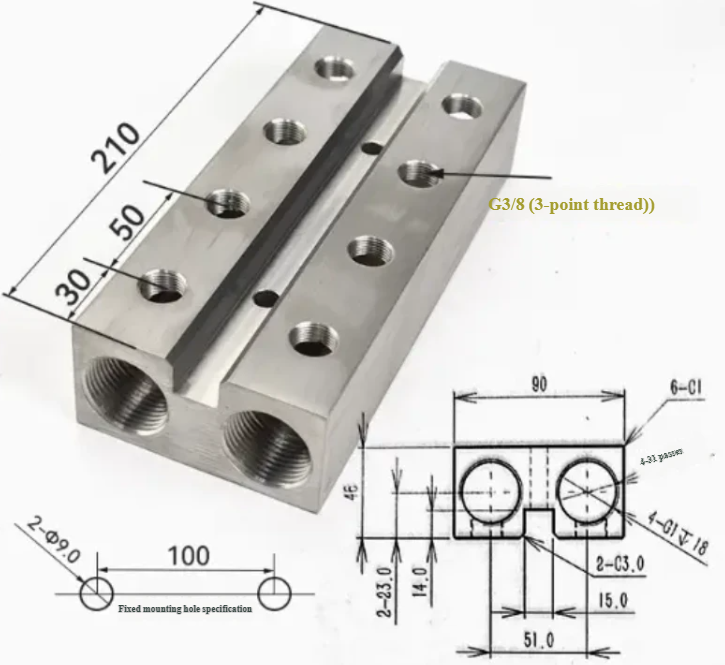 CNC Machined Stainless Steel Air Manifold Block