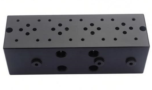 Precision machined carbon steel manifold block for high-pressure systems