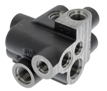 Precision CNC machined valve block with integrated ports for hydraulic and pneumatic systems